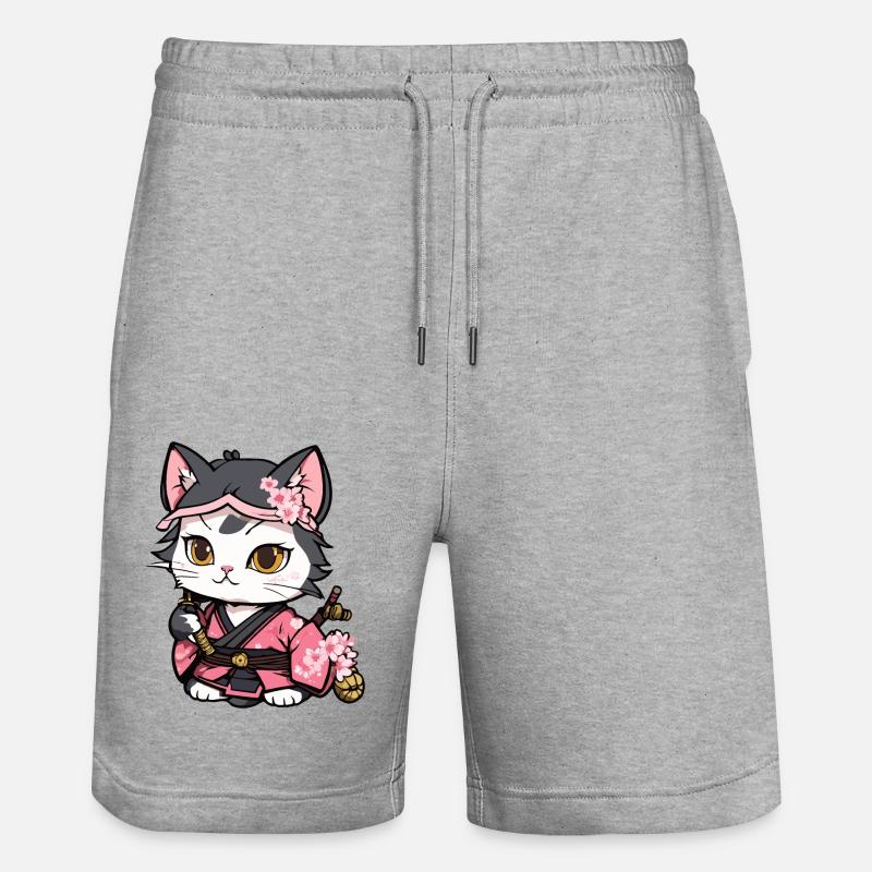 Samurai Katze & Kirschblüten #12 - Stanley/Stella Unisex Bio Joggingshorts Trainer - Grau meliert