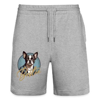 Boston Terrier Portrait Bostie Portrait Lettering - Stanley/Stella Trainer Unisex Organic Jogging Shorts - heather grey - Front - Nik (191cm) & Marisol (170cm)