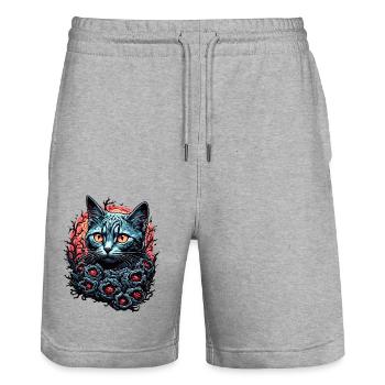 Coole Katze / lustig / Tier / Haustier / verrückt - Stanley/Stella Unisex Bio Joggingshorts Trainer  - Grau meliert - Vorne - Nik (191cm) & Marisol (170cm)