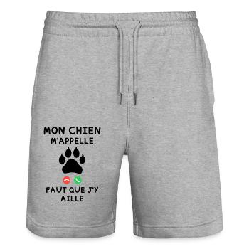 Mon Chien m appelle faut que j y aille - Short de jogging bio TRAINER Stanley/Stella unisexe - gris chiné - Devant - Nik (191cm) & Marisol (170cm)