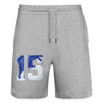 NON. 15 NUMÉRO 15 BLEU BLANC 15E ANNIVERSAIRE - Short de jogging bio TRAINER Stanley/Stella unisexe - gris chiné - Devant - Nik (191cm) & Marisol (170cm)