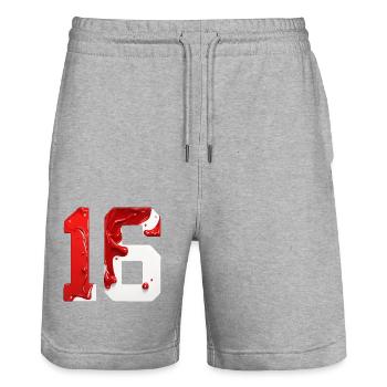 NR. 16 NUMMER 16 ROT WEIß 16. GEBURTSTAG - Stanley/Stella Unisex Bio Joggingshorts Trainer  - Grau meliert - Vorne - Nik (191cm) & Marisol (170cm)