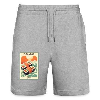 Parodie japanisches Werbeplakat: Wellen von Sushi - Stanley/Stella Unisex Bio Joggingshorts Trainer  - Grau meliert - Vorne - Nik (191cm) & Marisol (170cm)