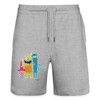 Trois drôles de petits monstres coquins - Short de jogging bio TRAINER Stanley/Stella unisexe - gris chiné - Devant - Nik (191cm) & Marisol (170cm)