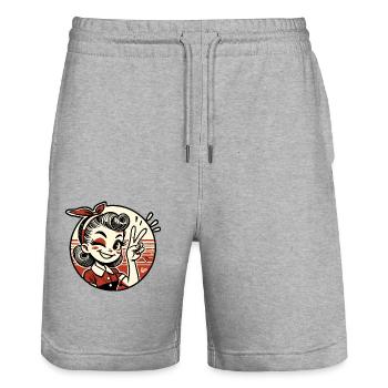 Retro 1950s Cartoon Girl with Peace Sign - Stanley/Stella Trainer Unisex Organic Jogging Shorts - heather grey - Front - Nik (191cm) & Marisol (170cm)