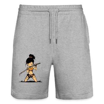 Guerrier samouraï cool avec Katana - Short de jogging bio TRAINER Stanley/Stella unisexe - gris chiné - Devant - Nik (191cm) & Marisol (170cm)