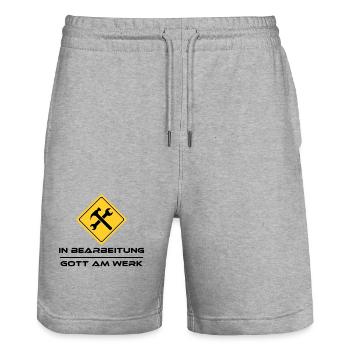 In progress - God at work - Stanley/Stella Trainer Unisex Organic Jogging Shorts - heather grey - Front - Nik (191cm) & Marisol (170cm)