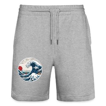 Ukiyo-E Waves Japan Vintage Streetwear - Stanley/Stella Trainer Unisex Organic Jogging Shorts - heather grey - Front - Nik (191cm) & Marisol (170cm)