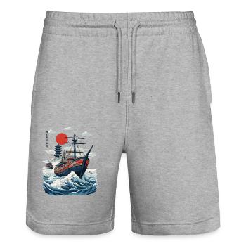 Japan Retro Ukiyo-E Aesthetic Captain Sailboat - Stanley/Stella Trainer Unisex Organic Jogging Shorts - heather grey - Front - Nik (191cm) & Marisol (170cm)