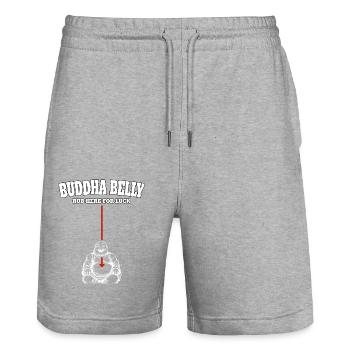 Buddha Belly rub here for luck - Stanley/Stella Unisex Bio Joggingshorts Trainer  - Grau meliert - Vorne - Nik (191cm) & Marisol (170cm)