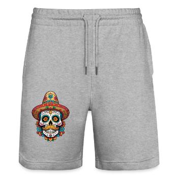 Iconic Sugar Skull Mexico Streetwear Design - Stanley/Stella Trainer Unisex Organic Jogging Shorts - heather grey - Front - Nik (191cm) & Marisol (170cm)