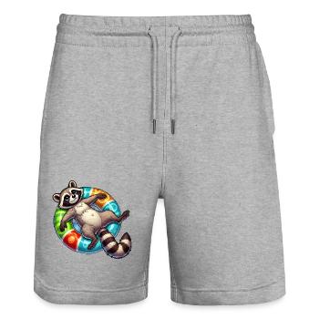 Ein relaxter Waschbär auf einem Schwimmreifen - Stanley/Stella Unisex Bio Joggingshorts Trainer  - Grau meliert - Vorne - Nik (191cm) & Marisol (170cm)