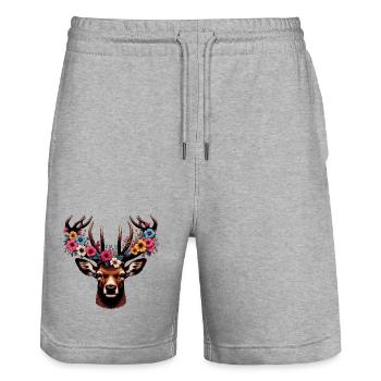 Cerf avec des fleurs - Short de jogging bio TRAINER Stanley/Stella unisexe - gris chiné - Devant - Nik (191cm) & Marisol (170cm)