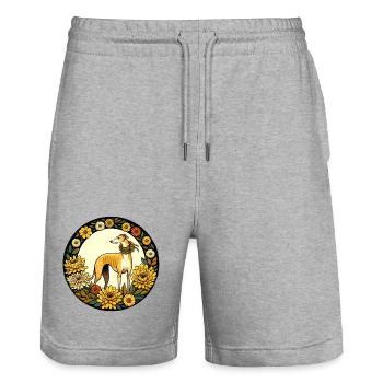 Eleganter Windhund mit Blumenrahmen - Stanley/Stella Unisex Bio Joggingshorts Trainer  - Grau meliert - Vorne - Nik (191cm) & Marisol (170cm)