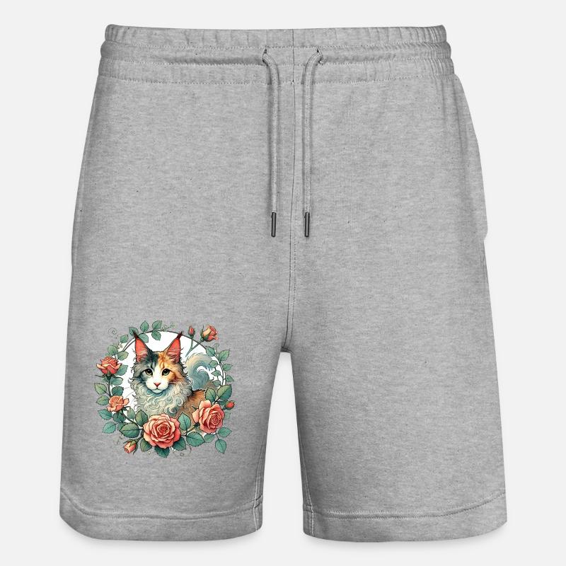 Chat élégant avec cadre floral - Short de jogging bio TRAINER Stanley/Stella unisexe - gris chiné