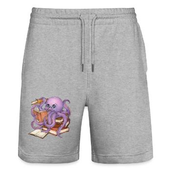 Lesender Oktopus im Bücherstapel Buch Geschenk - Stanley/Stella Unisex Bio Joggingshorts Trainer  - Grau meliert - Vorne - Nik (191cm) & Marisol (170cm)