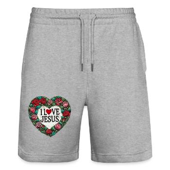 I Love Jesus Floral Heart - Stanley/Stella Trainer Unisex Organic Jogging Shorts - heather grey - Front - Nik (191cm) & Marisol (170cm)