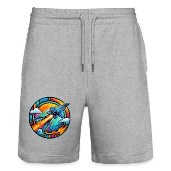 Neon Düsen Jet im Feuer Kreis Retro Space Rakete - Stanley/Stella Unisex Bio Joggingshorts Trainer  - Grau meliert - Vorne - Nik (191cm) & Marisol (170cm)