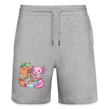 Kawaii Ramen Boba Friends Capybara Axolotl Turtle - Stanley/Stella Trainer Unisex Organic Jogging Shorts - heather grey - Front - Nik (191cm) & Marisol (170cm)