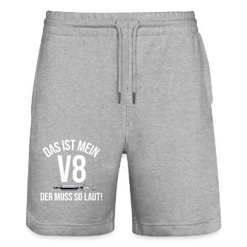 Das ist mein V8 der Muss so laut Shirt  - Stanley/Stella Unisex Bio Joggingshorts Trainer  - Grau meliert - Vorne - Nik (191cm) & Marisol (170cm)
