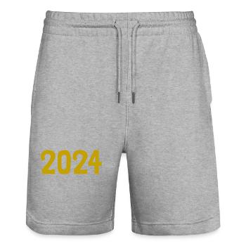 HAPPY NEW YEAR. CHRISTMAS. YEAR. ANNIVERSARY. RETIREMENT. - Stanley/Stella Trainer Unisex Organic Jogging Shorts - heather grey - Front - Nik (191cm) & Marisol (170cm)