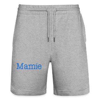 MAMIE. FÊTE DES MÈRES. BONNE FÊTE MAMIE. JE T'AIME - Short de jogging bio TRAINER Stanley/Stella unisexe - gris chiné - Devant - Nik (191cm) & Marisol (170cm)