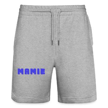 MAMIE. FÊTE DES MÈRES. BONNE FÊTE MAMIE. JE T'AIME - Short de jogging bio TRAINER Stanley/Stella unisexe - gris chiné - Devant - Nik (191cm) & Marisol (170cm)