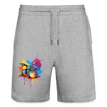 Schlagzeug auf bunten Farbklecksen - Stanley/Stella Unisex Bio Joggingshorts Trainer  - Grau meliert - Vorne - Nik (191cm) & Marisol (170cm)