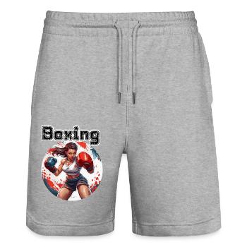 Boxeur / Sports / Combat / Arène / Ring de boxe / Poings - Short de jogging bio TRAINER Stanley/Stella unisexe - gris chiné - Devant - Nik (191cm) & Marisol (170cm)
