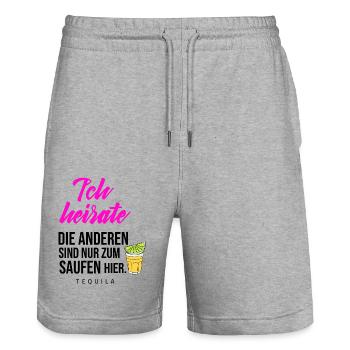 Bachelor Party - I'm Marrying the Others Drinking Tequila - Stanley/Stella Trainer Unisex Organic Jogging Shorts - heather grey - Front - Nik (191cm) & Marisol (170cm)