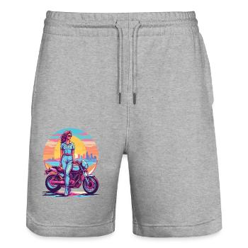Retro Synthwave Freedom Motorcycle Biker - Stanley/Stella Trainer Unisex Organic Jogging Shorts - heather grey - Front - Nik (191cm) & Marisol (170cm)