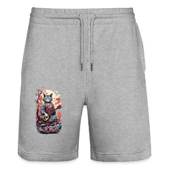 Katze mit Shamisen Vintage Japan Yokai Kunst - Stanley/Stella Unisex Bio Joggingshorts Trainer  - Grau meliert - Vorne - Nik (191cm) & Marisol (170cm)