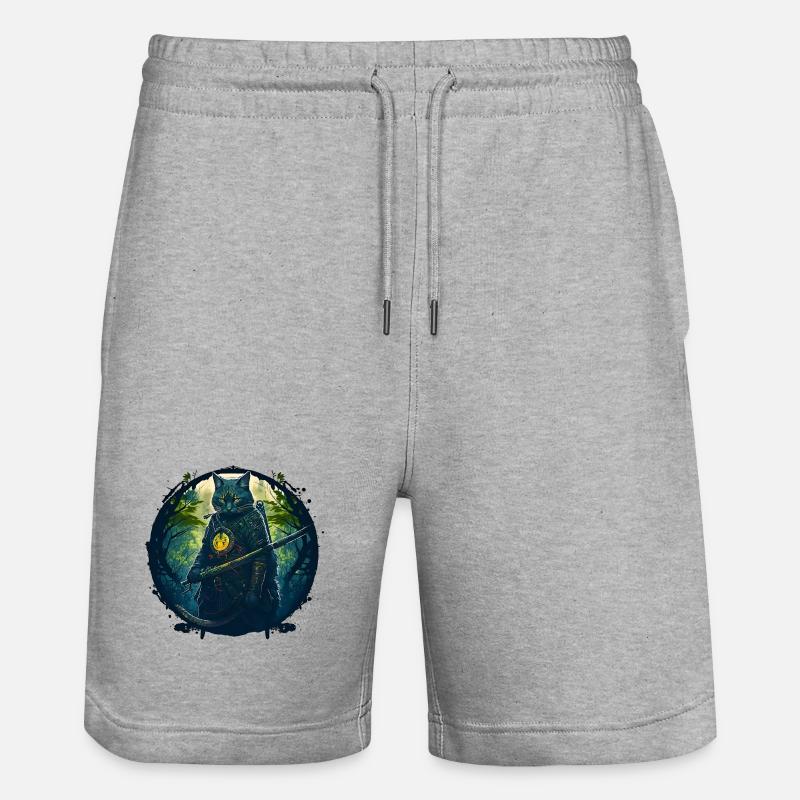Katze als Samurai in Wald - Stanley/Stella Unisex Bio Joggingshorts Trainer  - Grau meliert
