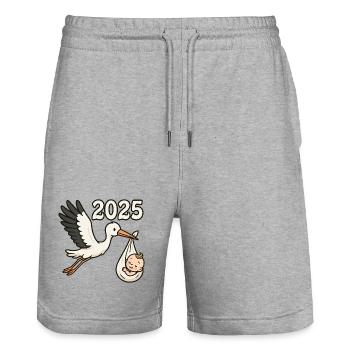 Cigogne avec enfant trouvé dans son bec 2025 - Short de jogging bio TRAINER Stanley/Stella unisexe - gris chiné - Devant - Nik (191cm) & Marisol (170cm)