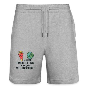 Einschulung | Heute Schule morgen Weltherrschaft - Stanley/Stella Unisex Bio Joggingshorts Trainer  - Grau meliert - Vorne - Nik (191cm) & Marisol (170cm)