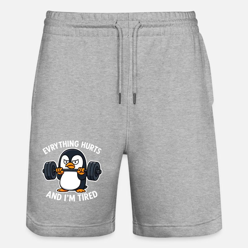 Grumpy Penguin Lifting Weights - Stanley/Stella Trainer Unisex Organic Jogging Shorts - heather grey