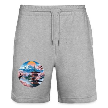 Ruhige japanische Berglandschaft - Stanley/Stella Unisex Bio Joggingshorts Trainer  - Grau meliert - Vorne - Nik (191cm) & Marisol (170cm)