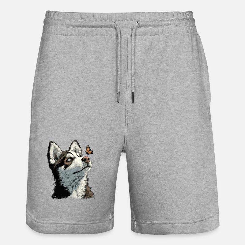 Chiot husky curieux et papillon - Short de jogging bio TRAINER Stanley/Stella unisexe - gris chiné
