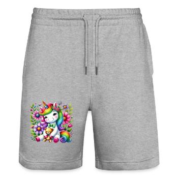 Rainbow Unicorn Floral Dream - Stanley/Stella Trainer Unisex Organic Jogging Shorts - heather grey - Front - Nik (191cm) & Marisol (170cm)
