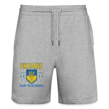 Ukraine Crest Glory Tee - Stanley/Stella Trainer Unisex Organic Jogging Shorts - heather grey - Front - Nik (191cm) & Marisol (170cm)