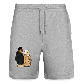 Grand-mère Karin avec son petit-fils - Short de jogging bio TRAINER Stanley/Stella unisexe - gris chiné - Devant - Nik (191cm) & Marisol (170cm)