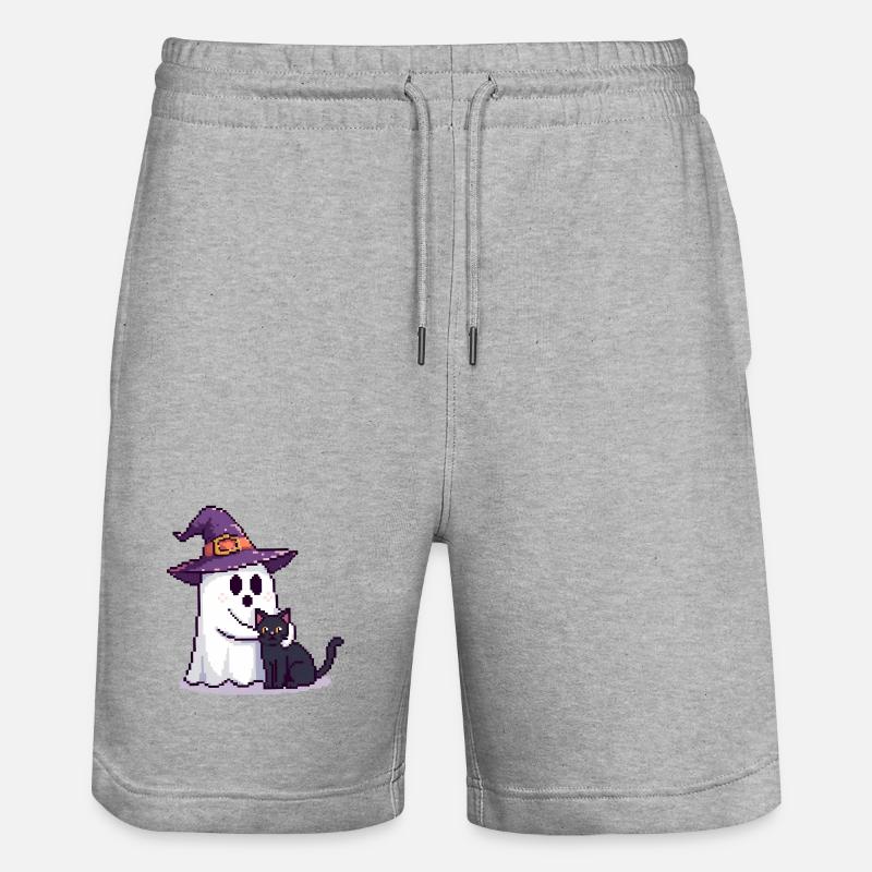 Pixel Geist mit Hexenhut & Katze – Halloween - Stanley/Stella Unisex Bio Joggingshorts Trainer  - Grau meliert