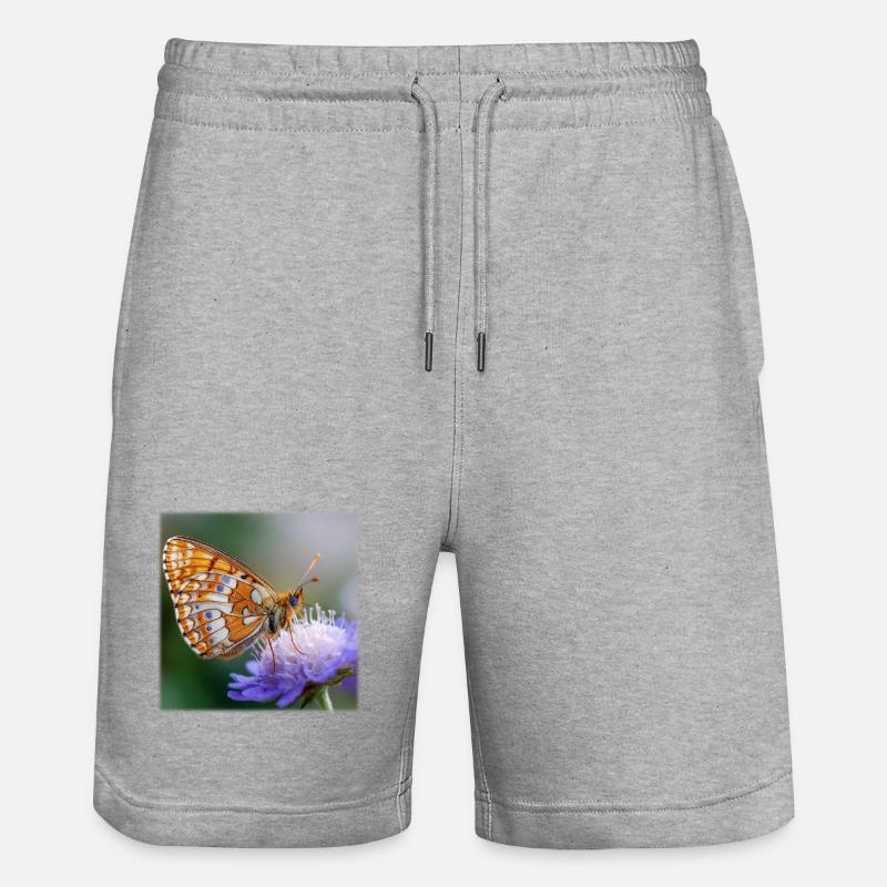 Papillon nacre sur macro fleur violette - Short de jogging bio TRAINER Stanley/Stella unisexe - gris chiné