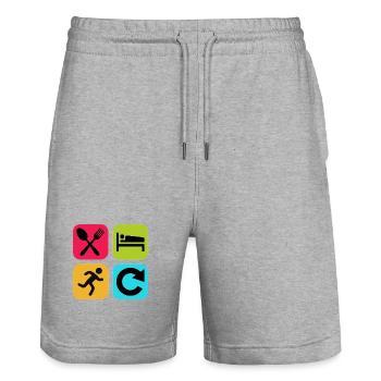 Essen, schlafen, laufen, wiederholen, lustiges Zitat, Joggerin - Stanley/Stella Unisex Bio Joggingshorts Trainer  - Grau meliert - Vorne - Nik (191cm) & Marisol (170cm)