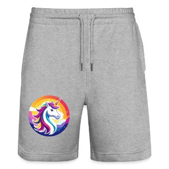 Regenbogen Unicorn buntes Einhorn Kopf Motiv - Stanley/Stella Unisex Bio Joggingshorts Trainer  - Grau meliert - Vorne - Nik (191cm) & Marisol (170cm)