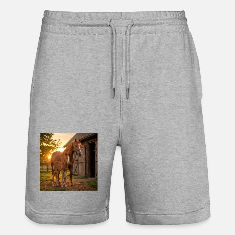 Coucher de soleil, jument avec poulain - Short de jogging bio TRAINER Stanley/Stella unisexe - gris chiné