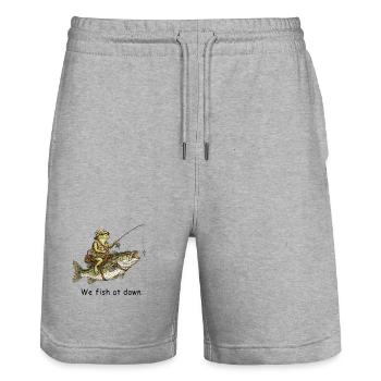 We Fish at Dawn Frog Angler - Stanley/Stella Trainer Unisex Organic Jogging Shorts - heather grey - Front - Nik (191cm) & Marisol (170cm)