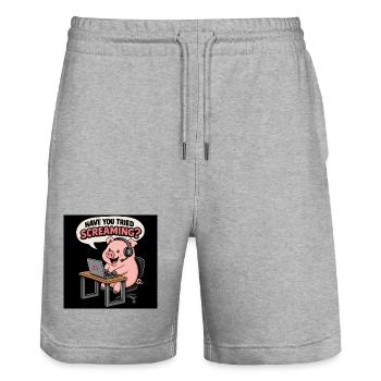 Pig at the headset desk - Stanley/Stella Trainer Unisex Organic Jogging Shorts - heather grey - Front - Nik (191cm) & Marisol (170cm)