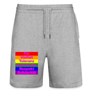 VIELFALT TOLERANZ DEMOKRATIE RESPEKT SOLIDARITÄT - Stanley/Stella Unisex Bio Joggingshorts Trainer  - Grau meliert - Vorne - Nik (191cm) & Marisol (170cm)