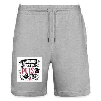Attention : Parlez sans arrêt avec les animaux de compagnie - Short de jogging bio TRAINER Stanley/Stella unisexe - gris chiné - Devant - Nik (191cm) & Marisol (170cm)
